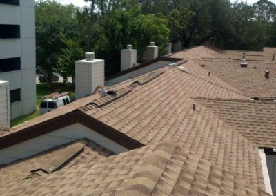 The view of the roofs of houses with trees in the back
